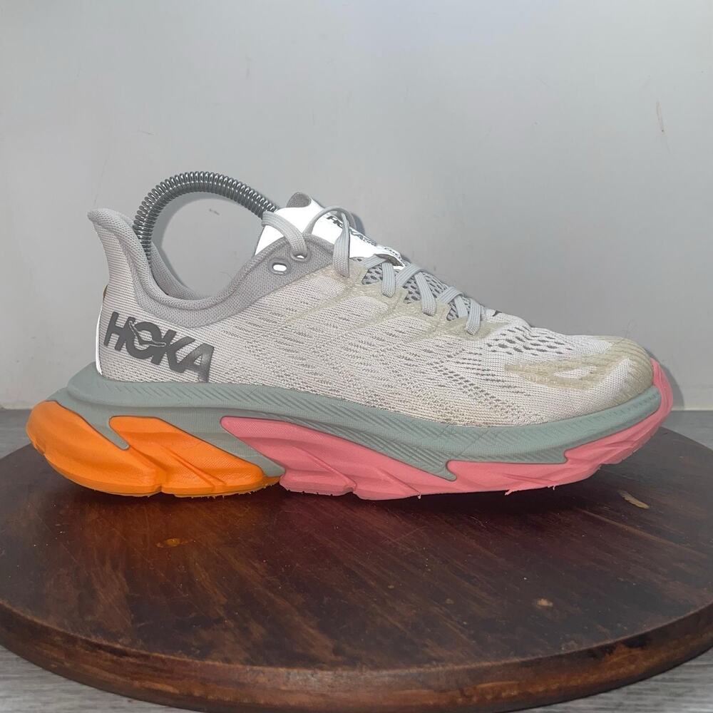 Hoka One One Clifton Edge Shoes Women Size 7 Gray Pink Orange Running Sneakers